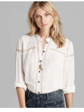 Free People Everyday Every Girl Top Ivory Small Country Boho Sheer Lace Button